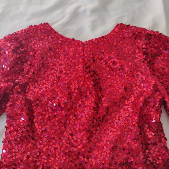 Cat & Jack Girls Red Sequin Dress XL 14 Puff Sleeve Fit n Flare - Picture 9 of 11